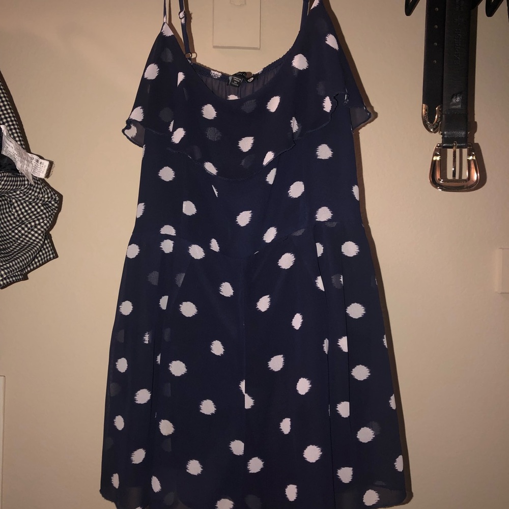 Blue and white polka dot romper